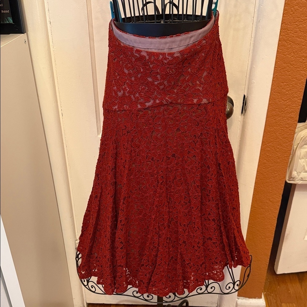 Anthropologie Moulinette Soeurs Asymmetrical Brick Red Lace Skirt-Sz 8